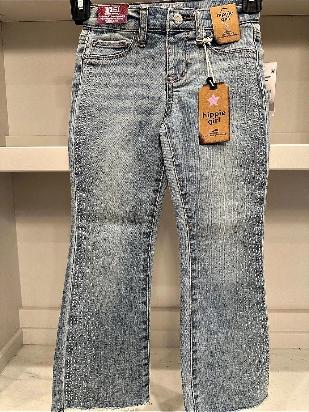 Hippie Girl size 5 Mid Rise Adjustable Waistband Flare Jeans in Blue. New